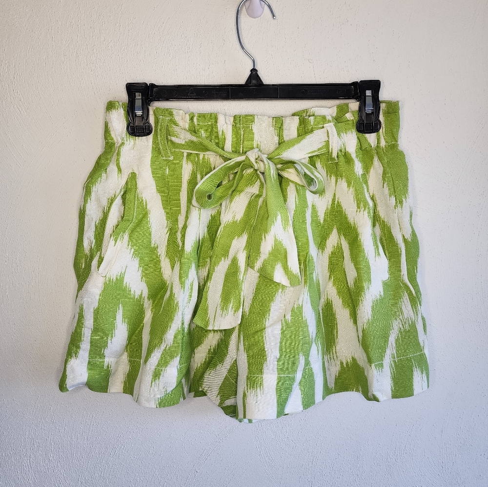 Anthropologie Green and White Patterned Tie-Waist Shorts Size XS Petite